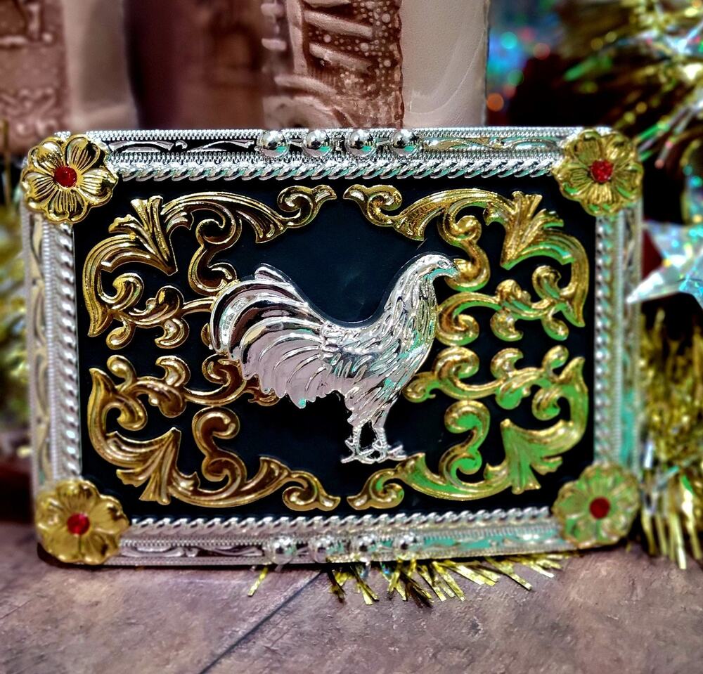 Rooster Western Belt Buckle Black Gold And Silver Rectangle For 2.0 Inch Belt